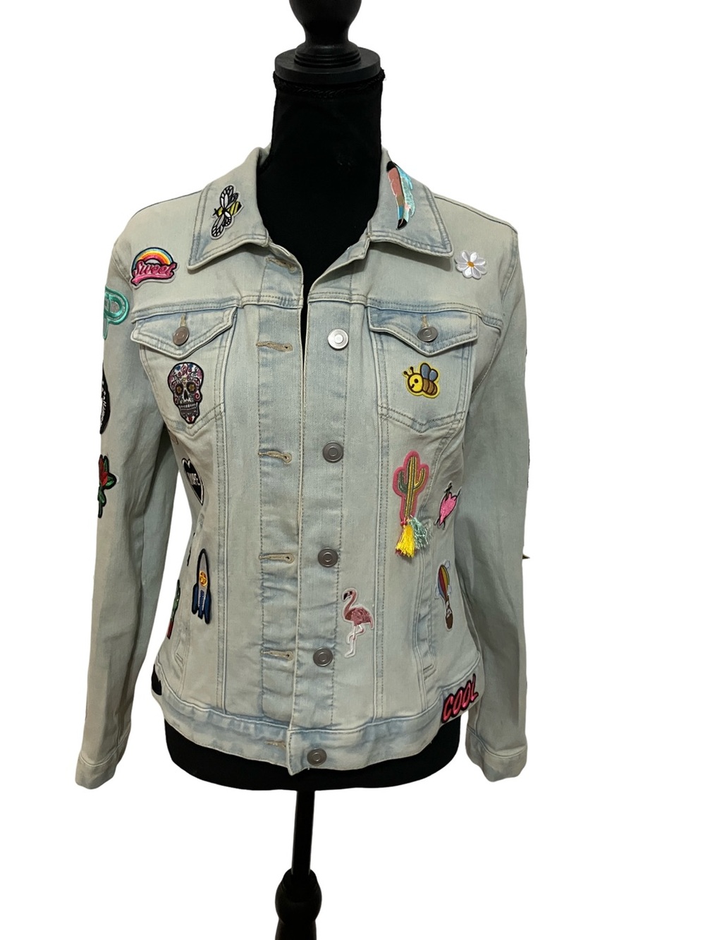 Time and Tru Light Wash Denim Jacket with Colorful Embroidered Patches